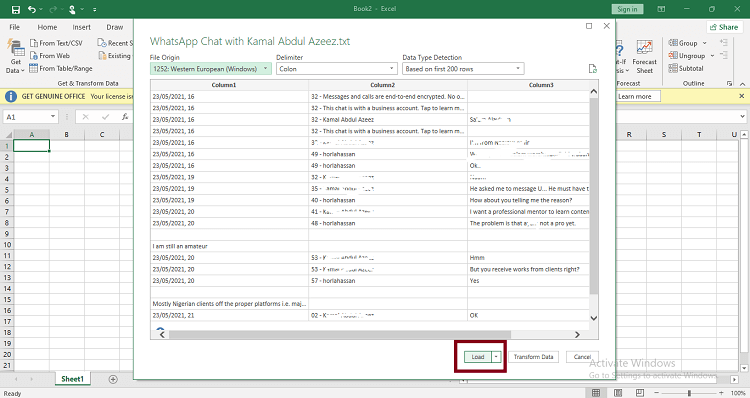 load text file to excel