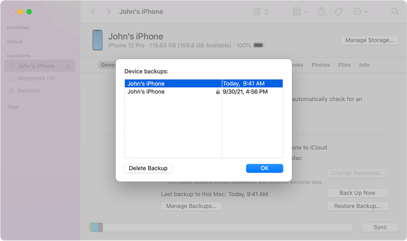 Acceder a los archivos de copia de seguridad del iPhone en Mac desde Finder