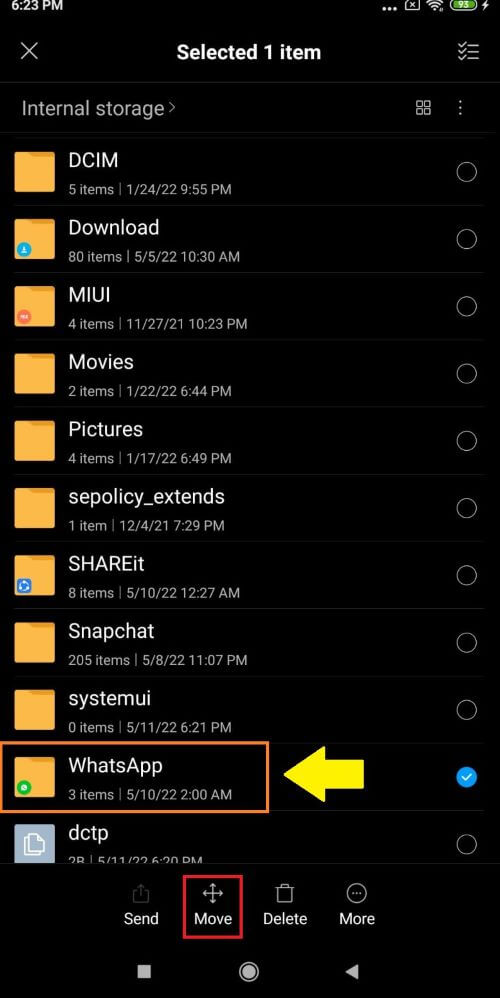 move WhatsApp to SD card with file manager