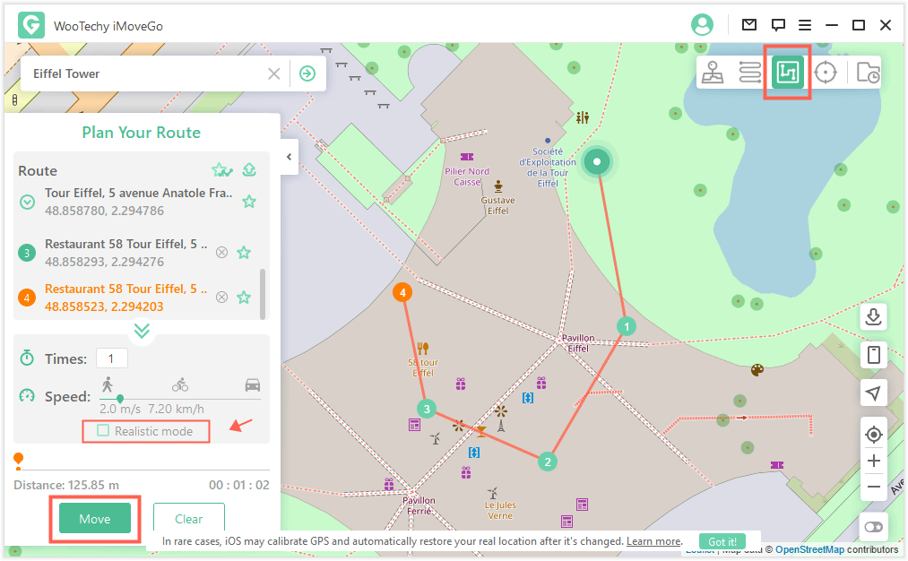 use imovego multi-spot mode to simulate GPS movement