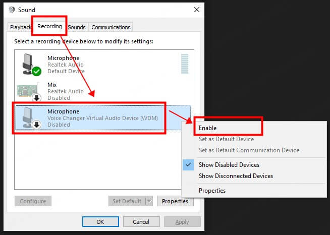 Recording setting in PC