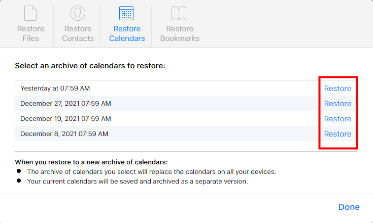 restore calendars