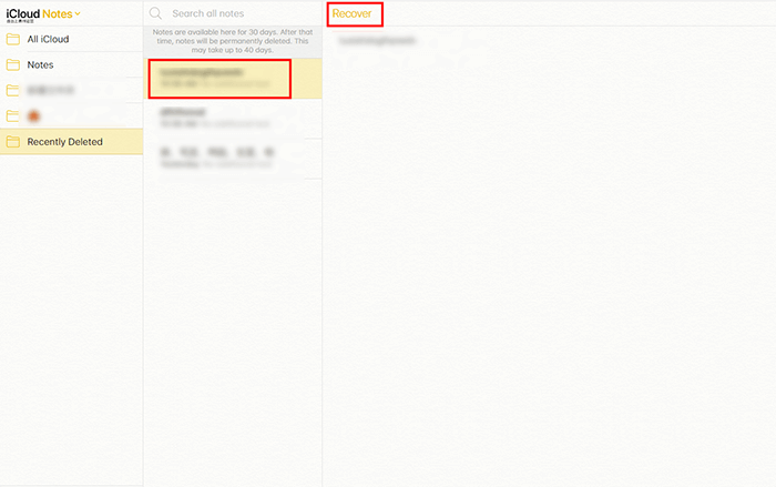 recover notes from recently deleted folder in iCloud web