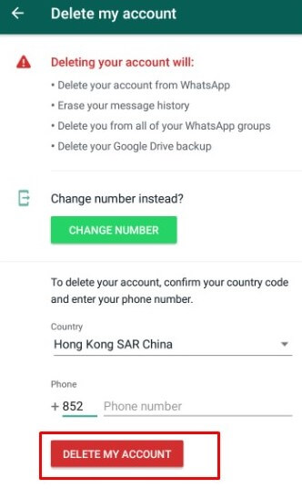 remove WhatsApp account on Android