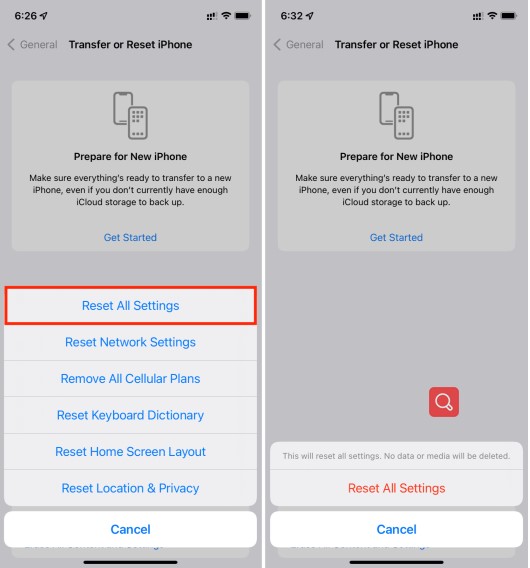 reset all settings ios