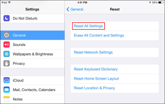 reset all settings ipad