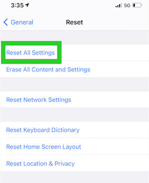 reset all settings on iPhone