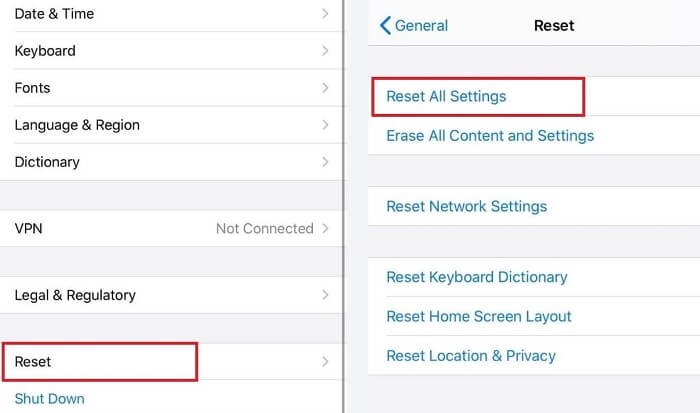 reset all settings on iPhone