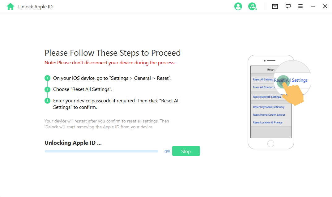 reset all settings unlock apple id