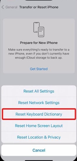 reset iPhone keyboard dictionary