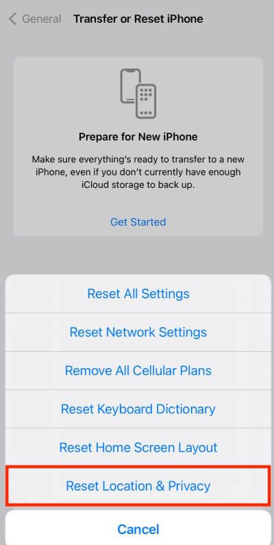 reset iPhone location and privacy