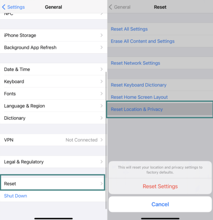 reset location and privacy on iPhone