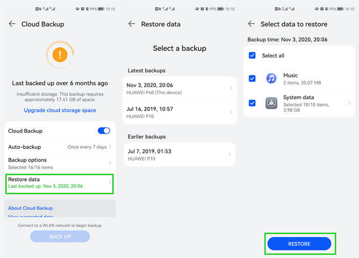 restore data from huawei cloud