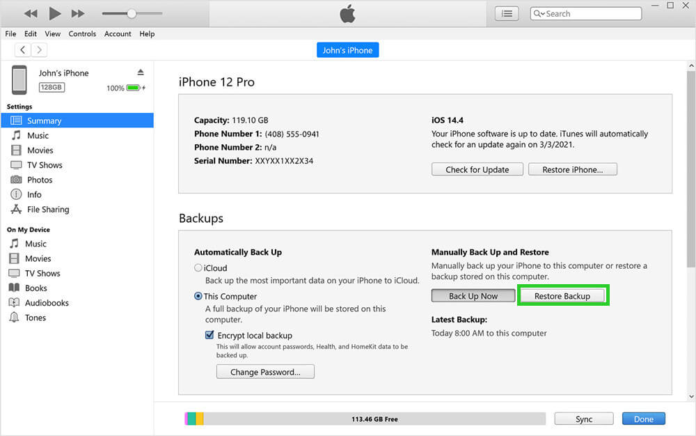restore iPhone from iTunes backup