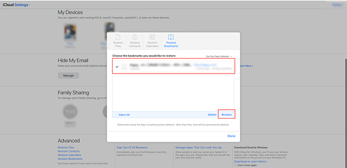 restore bookmarks from iCloud website