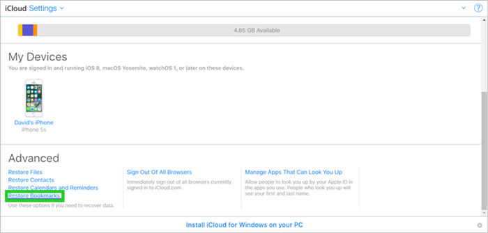 restore bookmarks from iCloud.com