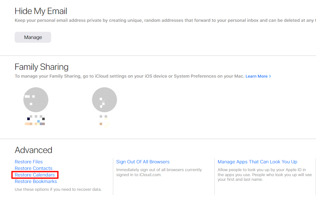 restore calendars in iCloud web