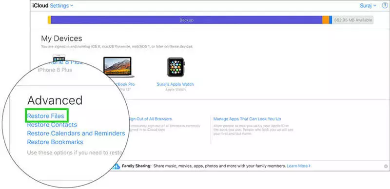 restore files on iCloud.com