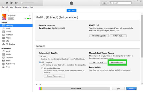 restore backup from iTunes iPad