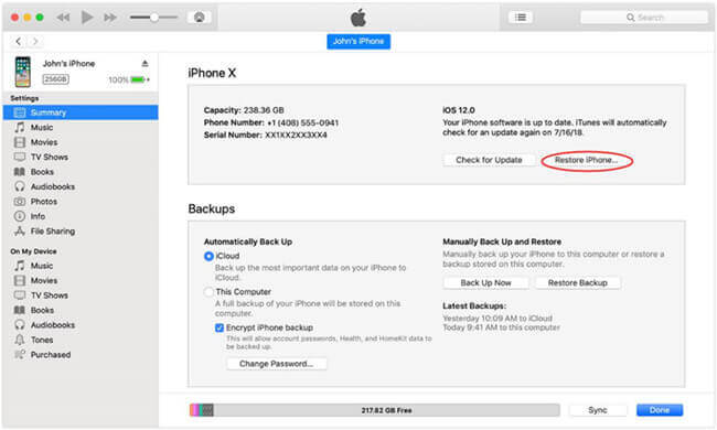 restore iphone itunes if synced