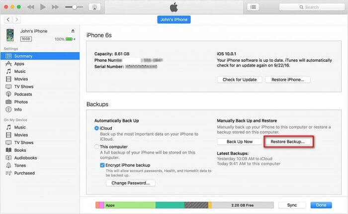 restore WhatsApp backup on iPhone from iTunes