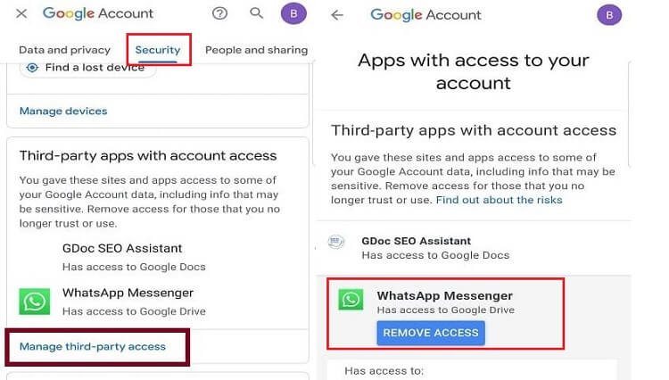 revoke WhatsApp access to Google Drive