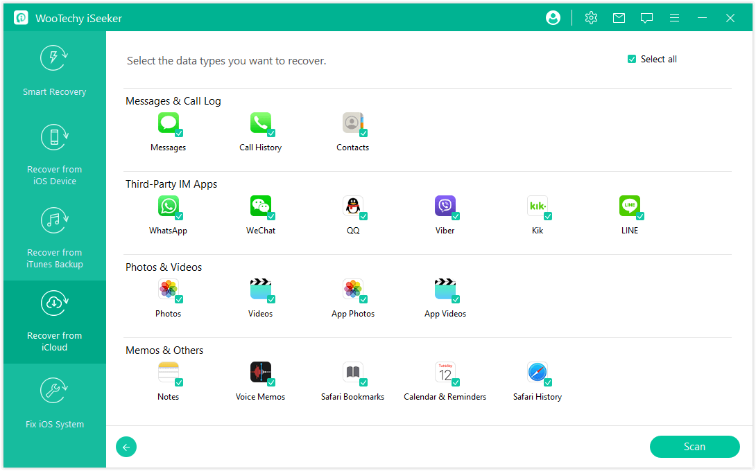 iCloud mit iSeeker auswählen und scannen