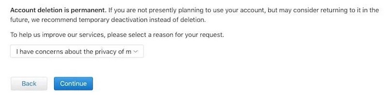 select reason for icloud account deletion