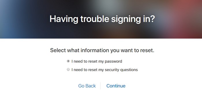 select to reset password or security questions