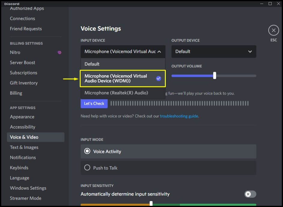 select voicemod virtual audio device in discord
