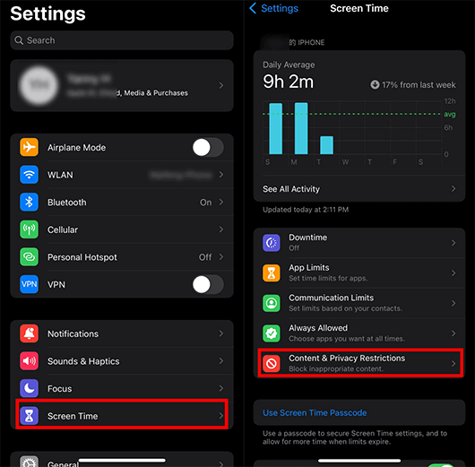 iPhone screen time settings