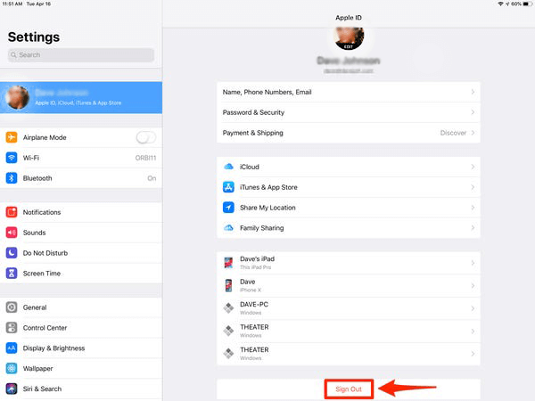 sign out apple id on iPad