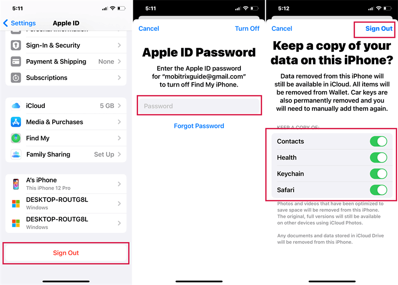 sign out apple id to remove icloud