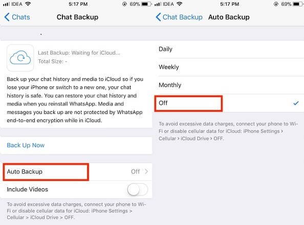 turn off auto backup in WhatsApp