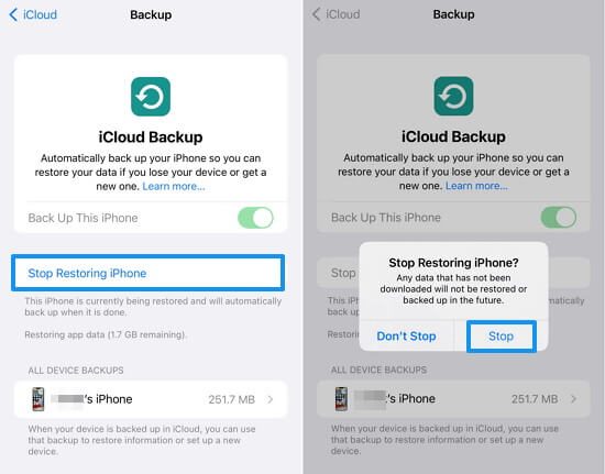 stop restoring iphone from icloud backup