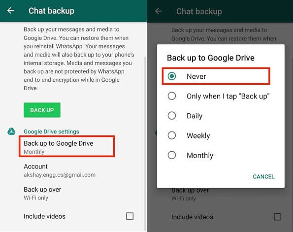 disable WhatsApp backup to Google Drive