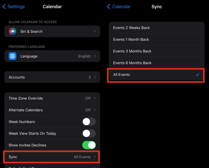 sync calendar events in calendar settings in iPhone