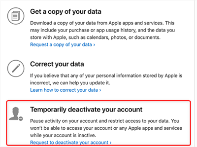 temporarily deactivate your apple account