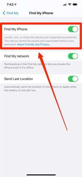 turn off find my iphone in settings