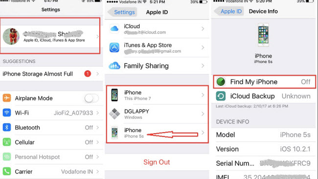 disable find my iphone on settings
