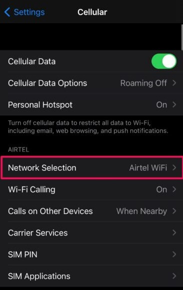 turn off iPhone network selection