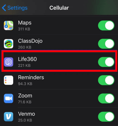 turn off wifi cellular data for life360
