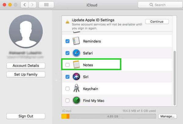 turn on iCloud notes on Mac