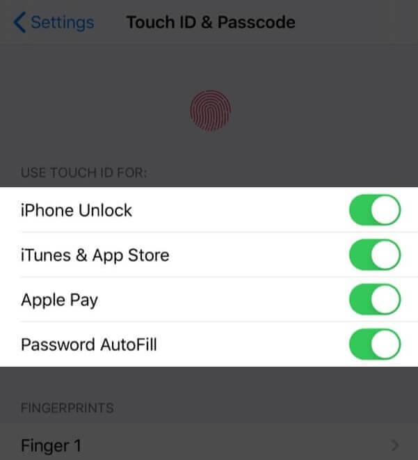 turn on touch id settings