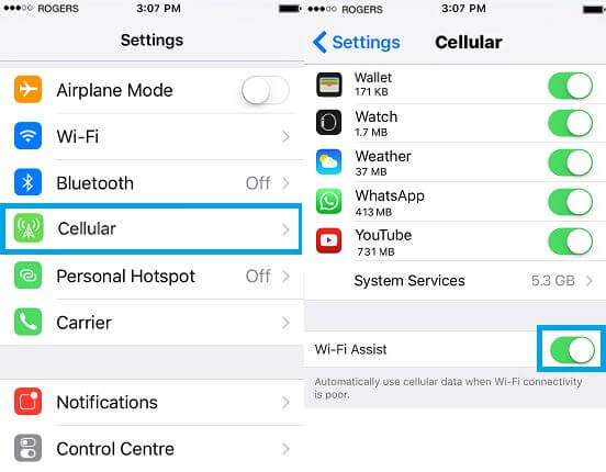 disable wifi assist on iPhone