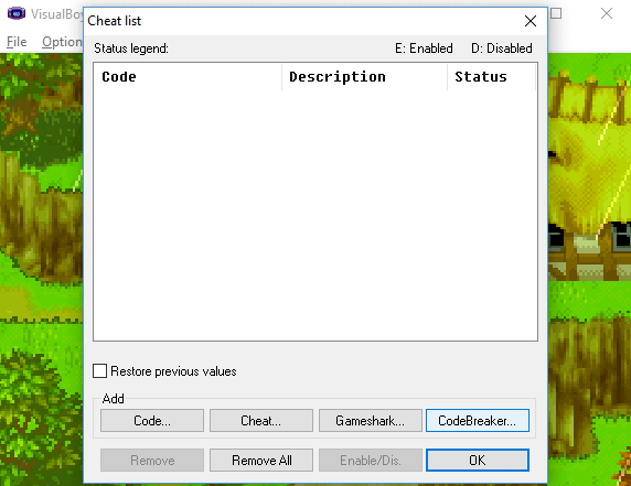 visual boy advance emulator cheat List