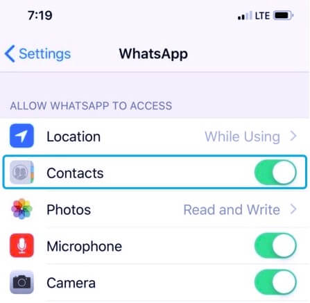 WhatsApp contact permissions on iPhone