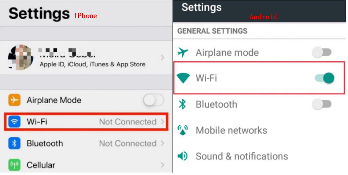 wifi settings both ios abdroid