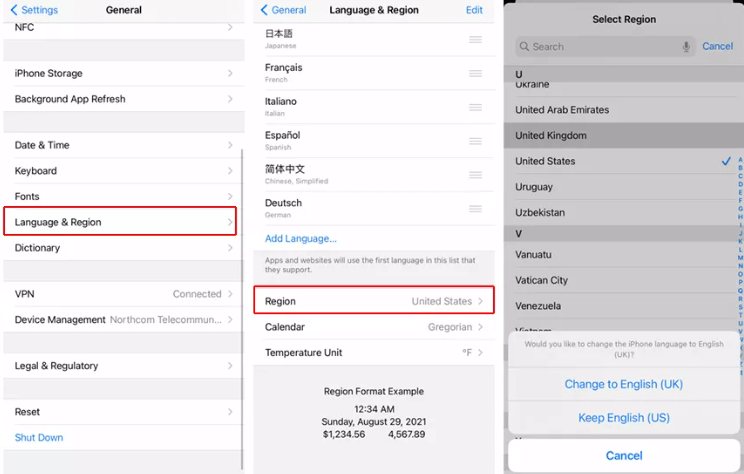 change country on iphone from general settings