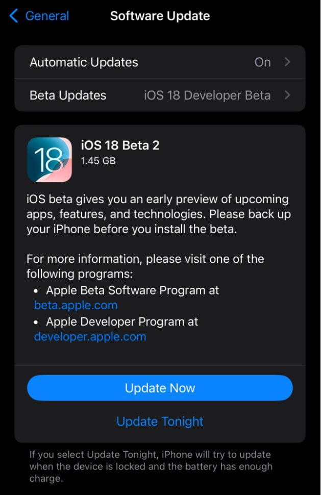 更新 iPhone 至 iOS 18 Beta 2 或之後的版本